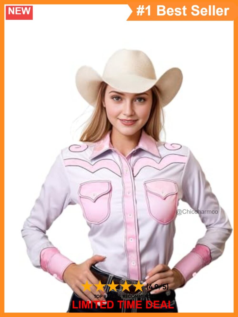 Western Snap Button Down Work Shirt Long Sleeve Blouse Pearl Snap